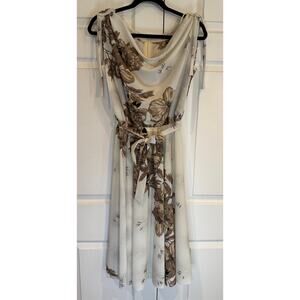 Vintage 70s Dress Cream Gold Cowl Neck Cinched Waist, Tie Shoulders
